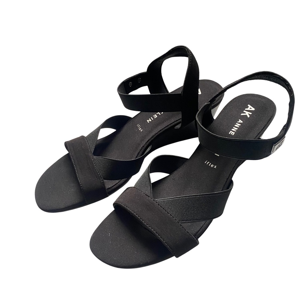 Anne Klein iFlex Black Wedge Sandals Womens 10M AKBASIMA Elastic Straps NWOB‎